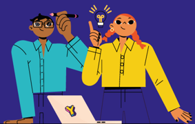 Graphic figures of a young man and women with a light bulb signifying an idea. Colorful Y is seen in the top left corner. 