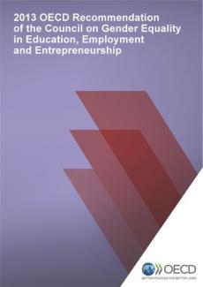 Cover photo that is light purple featuring three burgundy bars, the OECD logo and the title in white font that reads 2013 OECD Recommendation of the Council on Gender Equality in Education, Employment and Entrepreneurship